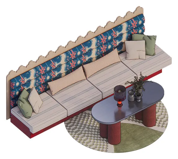 Daybed: a long cream daybed with cushions against a scalloped floral screen, with an oval table and a round rug.