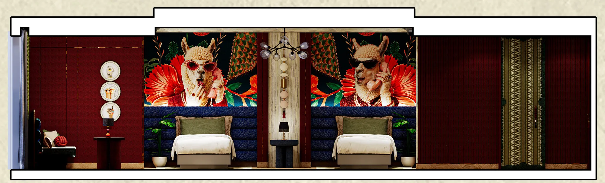 Elevation of the Executive Suite bed wall: deep red panelling, two headboards under oversized wallpaper of llamas in sunglasses among tropical flowers, a central beaded pendant and green curtains.