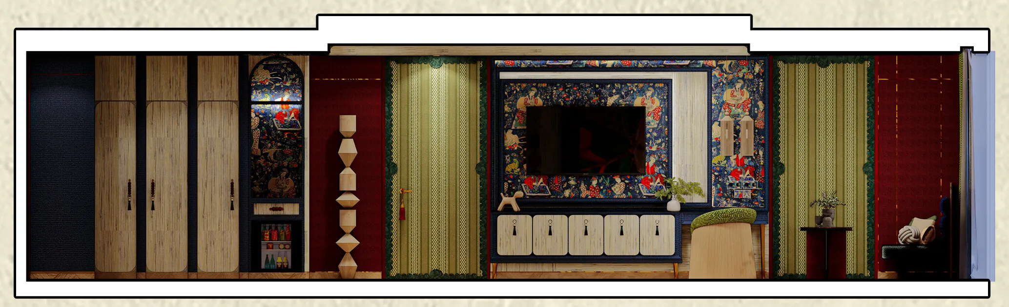 Elevation of the opposite wall: pale wardrobes with a mini-bar niche, a carved totem lamp, green curtains, and the navy TV cabinet framed in patterned wallpaper beside the working desk.