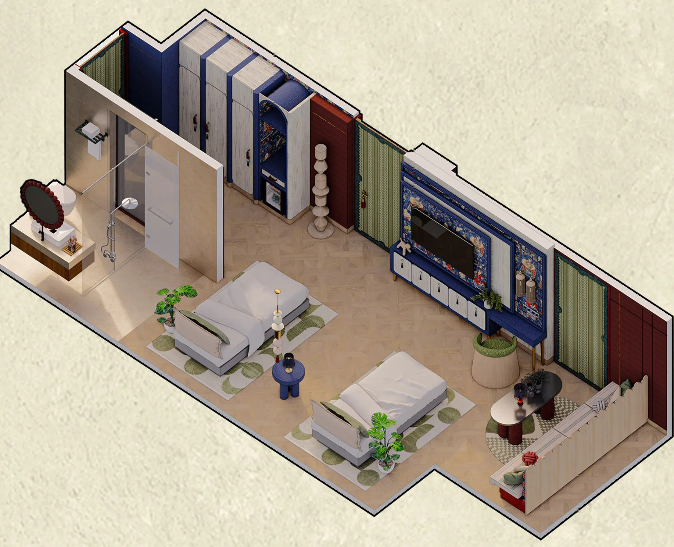 Isometric cutaway of the Executive Suite: a bathroom with a scalloped mirror, wardrobes in pale wood and navy, two single beds, the navy TV cabinet and desk, and a long daybed against a scalloped screen.