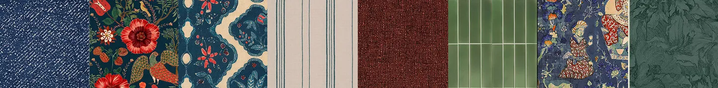 Executive Suite palette: navy denim, a red floral on deep green, an indigo and cream scallop print, a cream stripe, oxblood bouclé, green glazed tile, an indigo figurative print and a teal leaf damask.