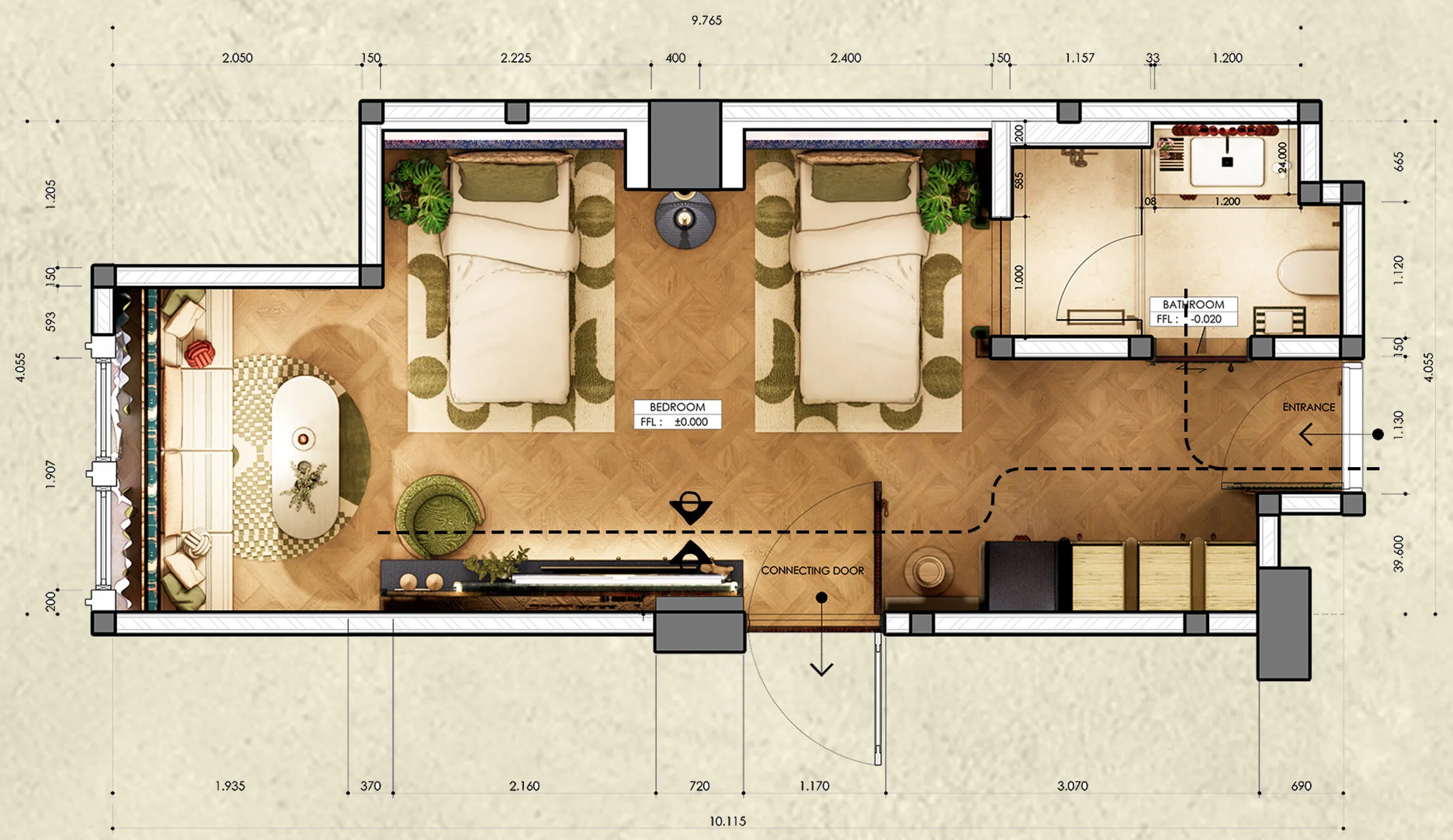Floor plan of the Executive Suite: two single beds on patterned rugs, a daybed lounge by the window, a long TV and desk wall, wardrobes by the entrance, a bathroom and a connecting door. Dimensioned in millimetres.