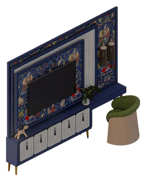 TV cabinet and working desk: a navy console with cream drawers, the TV set in patterned wallpaper, and a desk with a green woven chair.