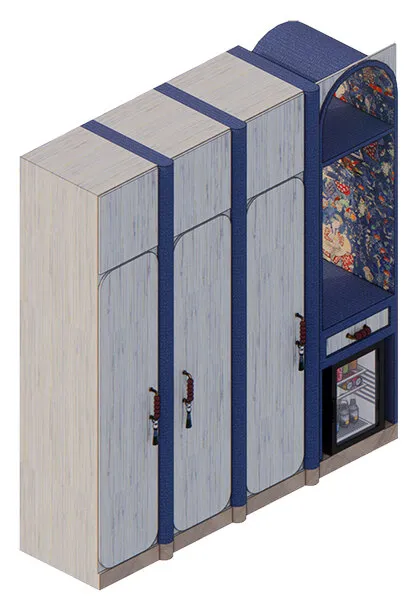 Wardrobe cabinet and mini bar: pale wood doors with navy trim and an arched patterned niche over a mini fridge.