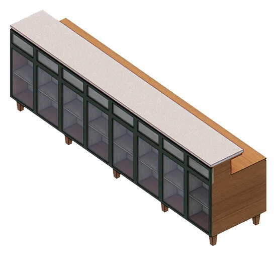 Bar loose furniture: a long low bar counter with a pale stone top, a timber end panel and a row of dark-framed glass cabinets.