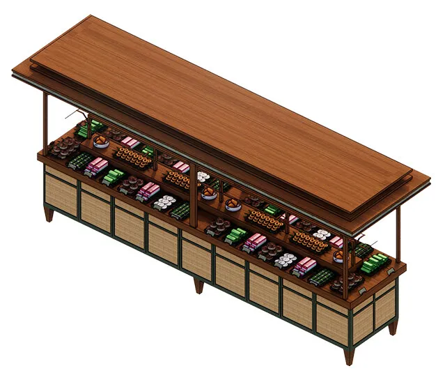 Custom food display: a long timber cart with a pitched canopy roof and rattan-panelled base, its tiers filled with colourful Indonesian cakes.