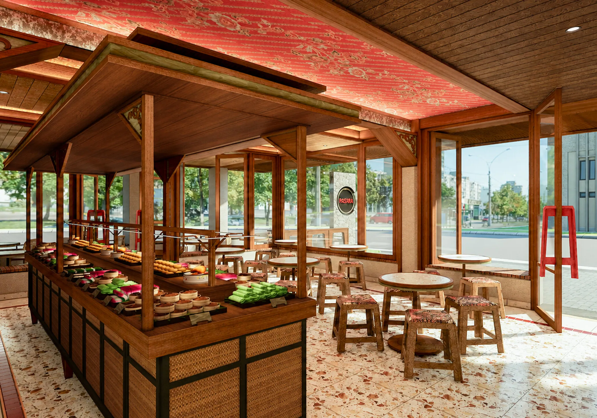 Render of the Pasaria interior: a timber food-display cart lined with rattan, piled with traditional cakes, under a red batik-patterned ceiling, with wooden stools, round tables and terrazzo floor by a glass street front.