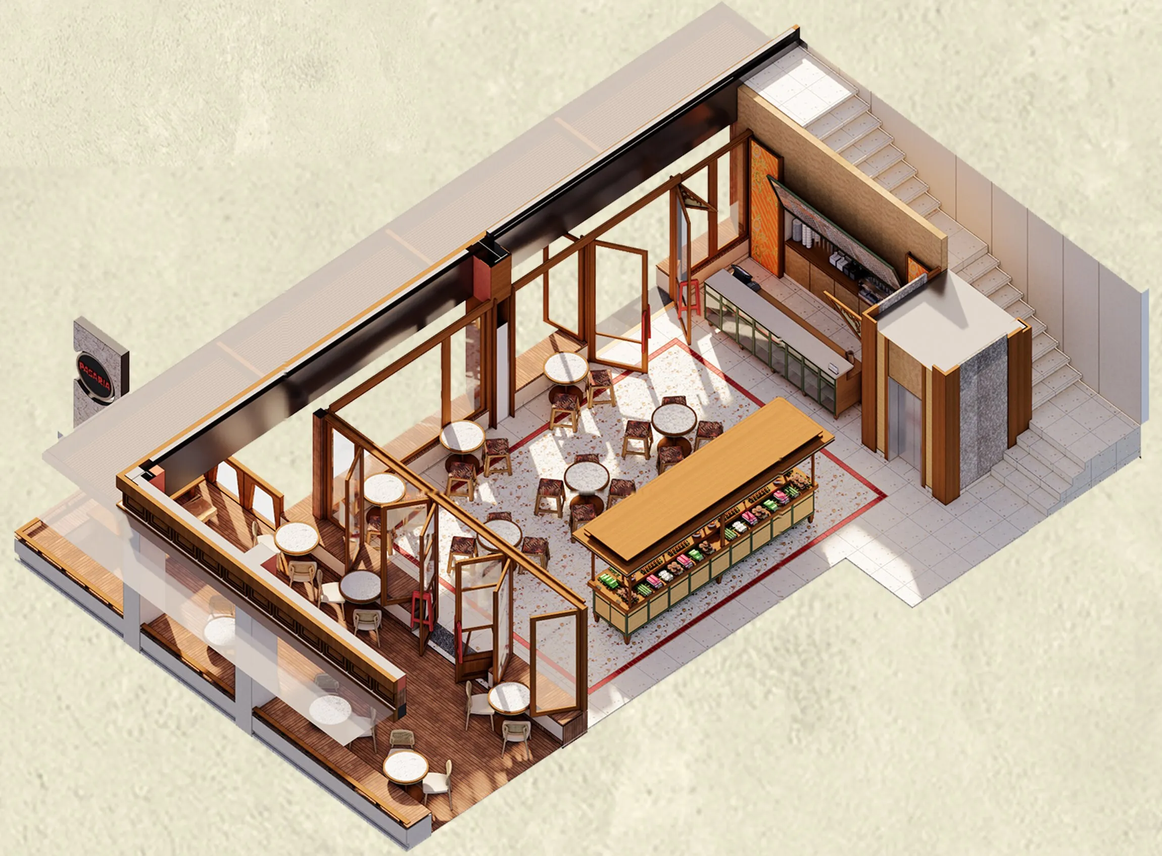 Isometric cutaway of Pasaria: a glass-fronted corner shop with folding timber doors, round marble tables and stools on terrazzo, the gerobak food display at the centre, a back bar with glass cabinets, a staircase and a PASARIA sign on the facade.