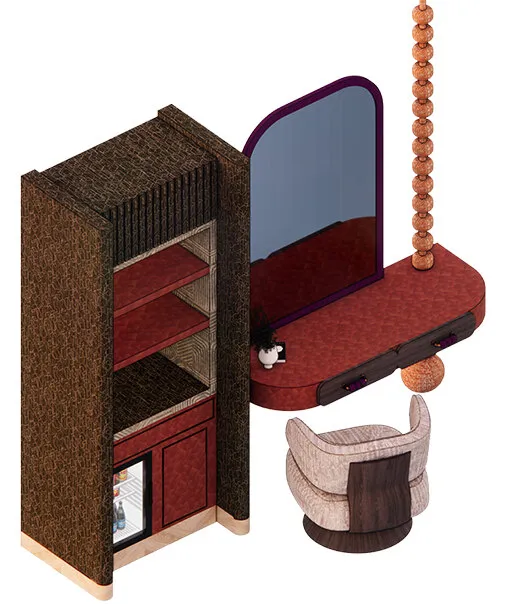 Bar cabinet and working desk: a tall woven cabinet with shelves and a mini fridge beside a red desk with an arched mirror, a beaded column and a pink armchair.