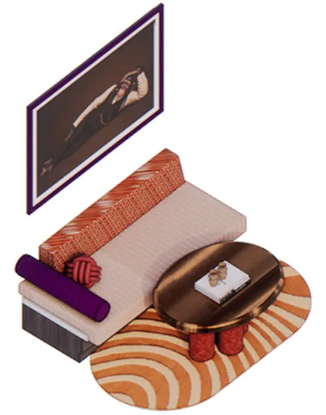Daybed set: an upholstered daybed with orange pattern cushions and a purple bolster, an oval coffee table and a striped wave rug under a framed picture.