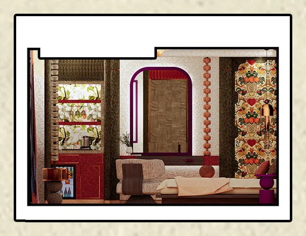 Elevation of the Royal Suite wall with the bar cabinet, an arched mirror over the working desk, a beaded column and a floral wallpaper panel.