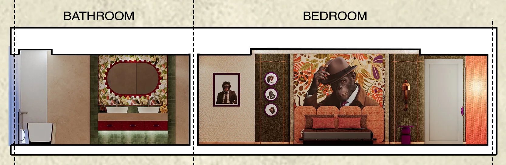Elevation through the Royal Suite: the bathroom vanity with an oval mirror, then the bedroom wall with a large portrait wallpaper behind the bed and framed pictures.