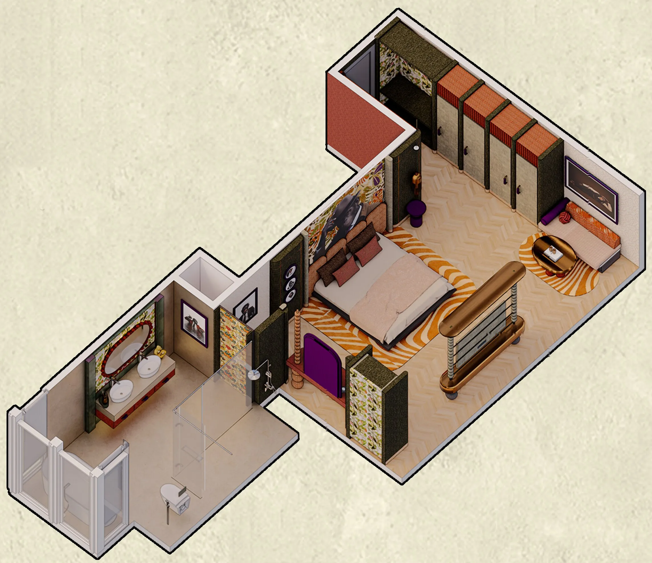 Isometric cutaway of the Royal Suite: bathroom with twin basins and glass shower, the bed on an orange wave rug, a row of wardrobes, the daybed corner, and a copper TV cabinet standing on beaded legs.