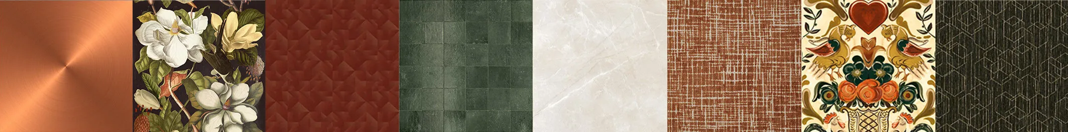 Royal Suite palette: brushed copper, a magnolia floral, oxblood leather, green glazed tile, white marble, rust woven fabric, a folk-art motif and black geometric.
