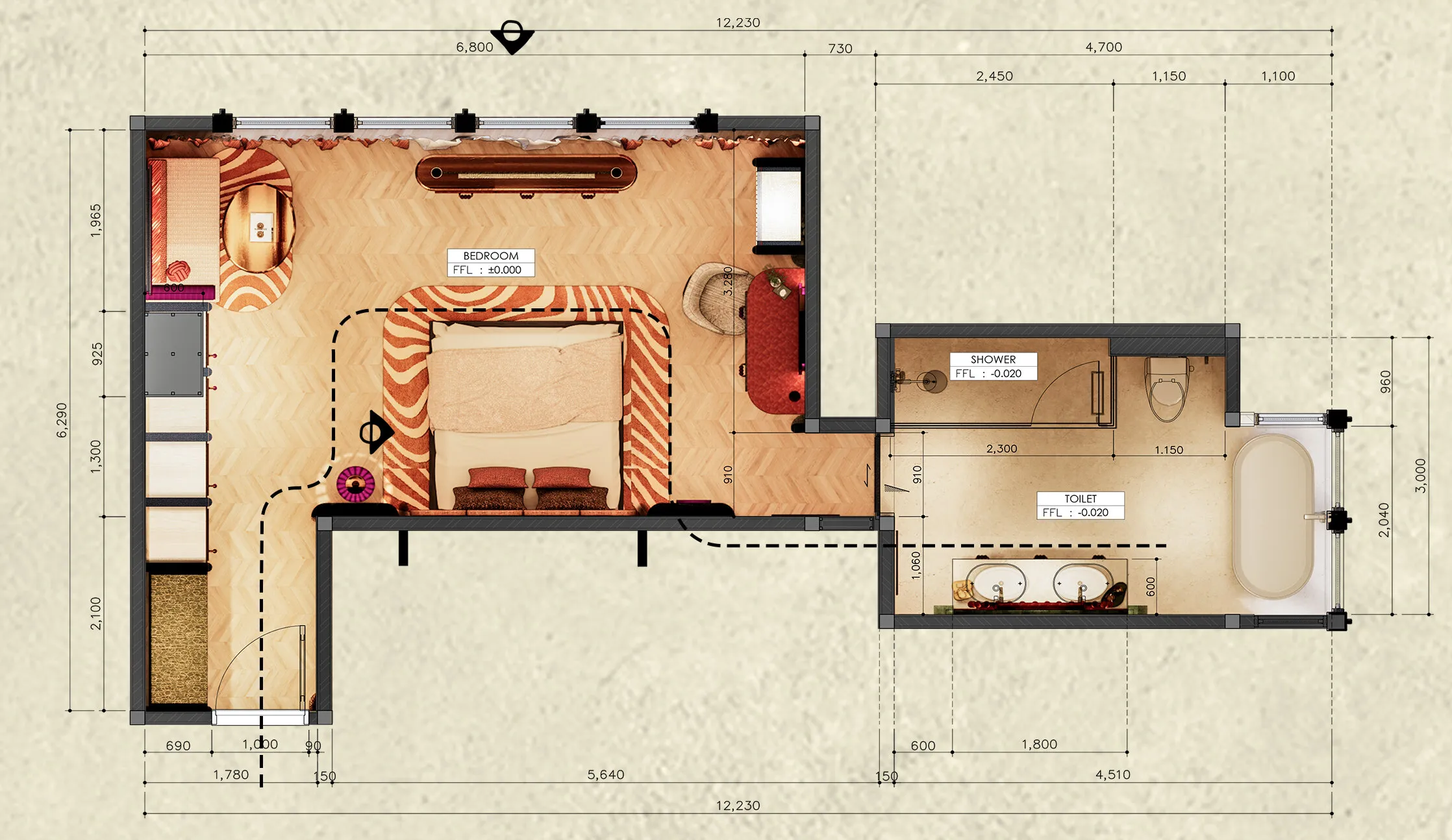 Floor plan of the Royal Suite: an L-shaped bedroom with a daybed, wardrobe wall and bed on a patterned rug, opening to a shower and toilet with a freestanding tub. Dimensioned in millimetres, 12,230 overall.