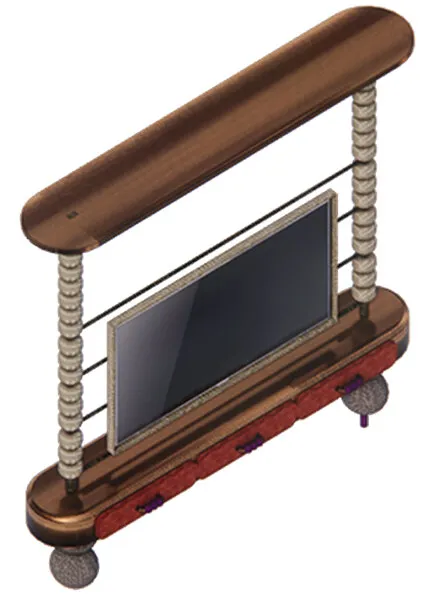 TV cabinet: a freestanding copper frame on beaded columns and castors, holding the TV between two curved rails.