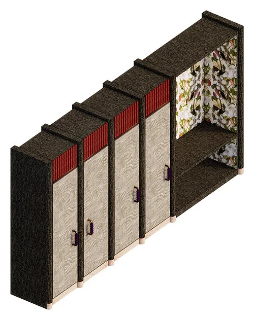 Wardrobe and suitcase cabinet: four woven-textured doors with red-ribbed tops and an open floral-lined niche.